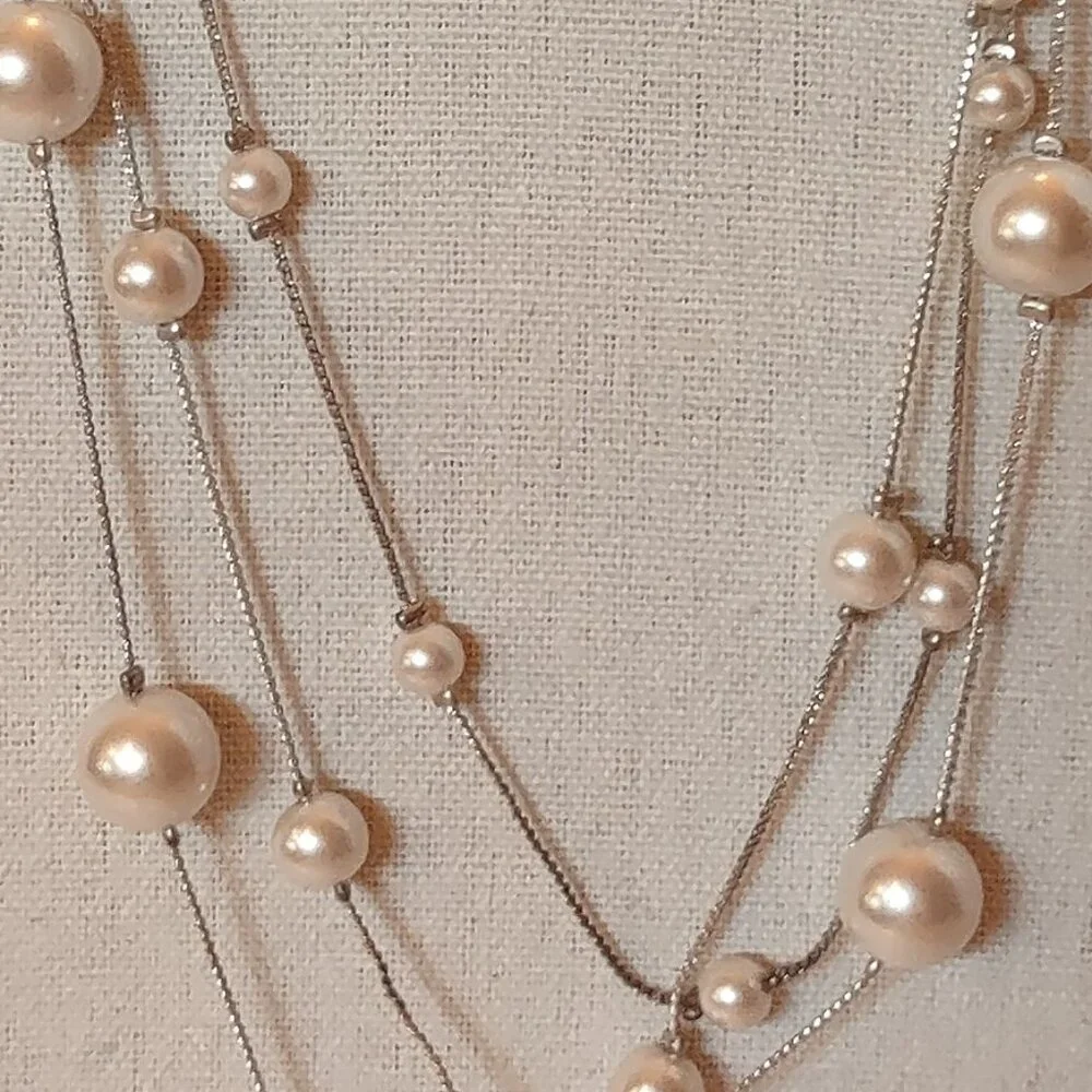 RMN Floating Faux Pearl Necklace Silver Tone Triple Strand Vintage-Inspired - Picture 3 of 6